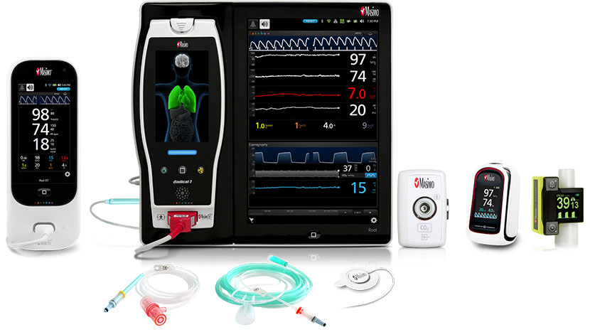 Gamme Masimo ‑ Rad-97, Root<sup>®</sup> avec ISA™ CO<sub>2</sub>, MightySat™ Rx, Capnographe EMMA™, Lignes d’échantillonnage NomoLine, Capteur RAS-45