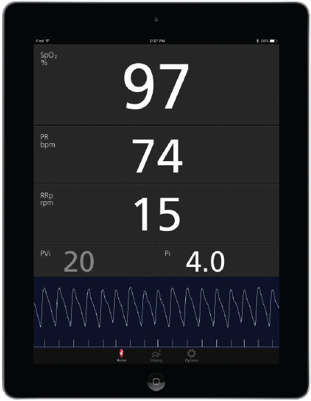 Ipad Display featuring readings for RRp, PR, and SpO2, and PVi 